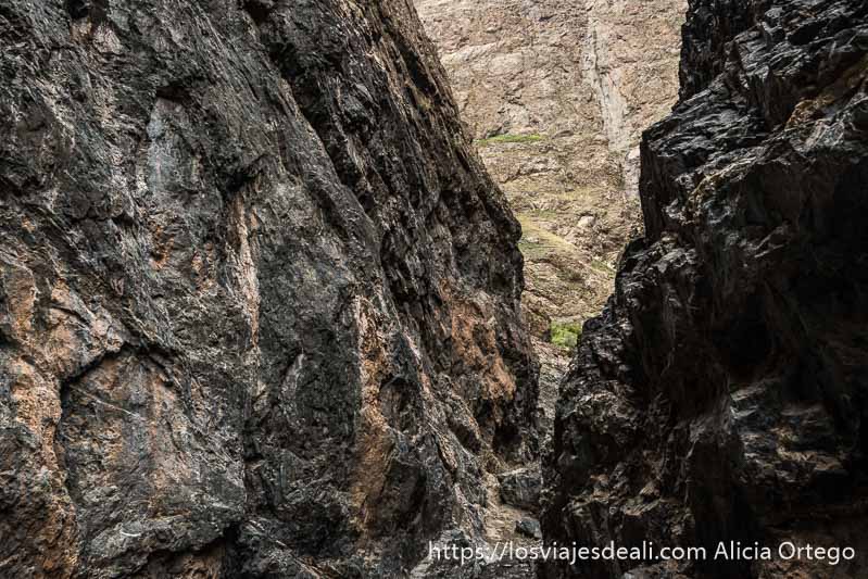 pasillo estrecho con altas paredes de roca en el cañon de yol am del desierto del gobi