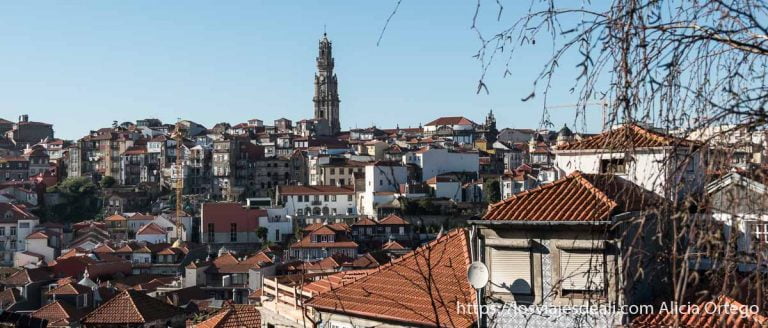 panorámica de tejados de Oporto con la torre dos clérigos al fondo