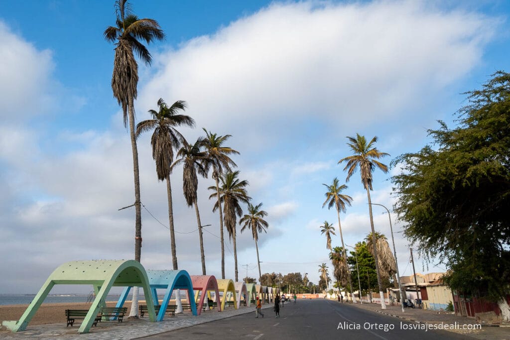 paseo la marginal con palmeras en moçamedes