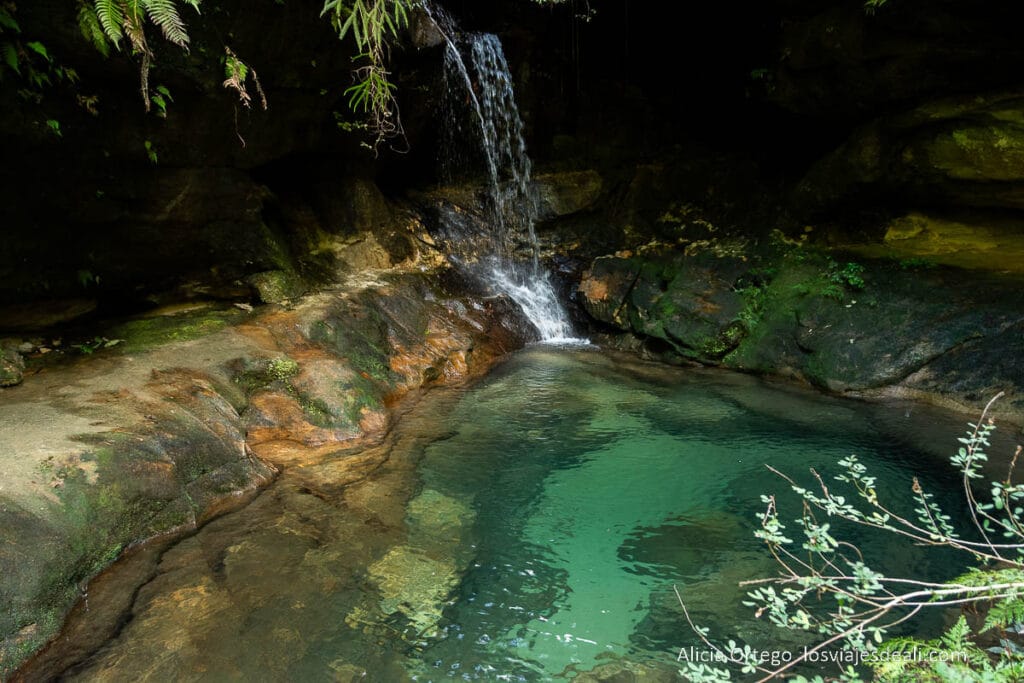 piscina natural con pequeña cascada y agua transparente